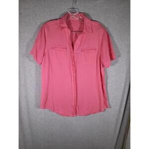 Pink Button Up Women Medium Approx Solid Minimalist Pockets Cinched Back No Tags